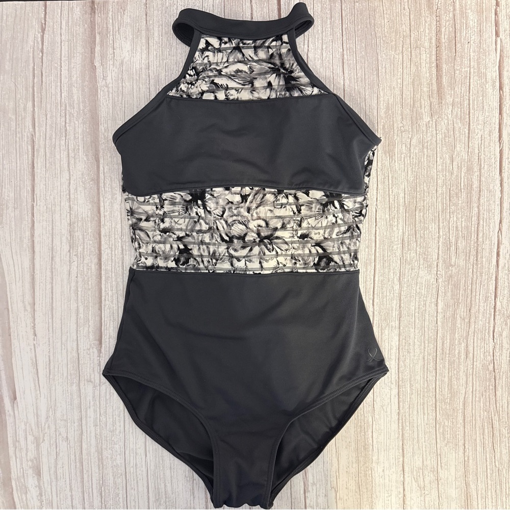 BLOCH Dance Leotard Bodysuit Child Size 10-12 Grey & White Floral High Neck